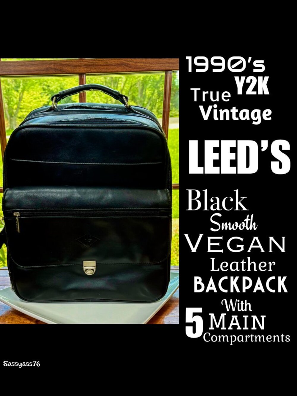 🆕VTG▪️LEED'S▪️Black Smooth VEGAN Leather Backpack With 5 Main Compartments